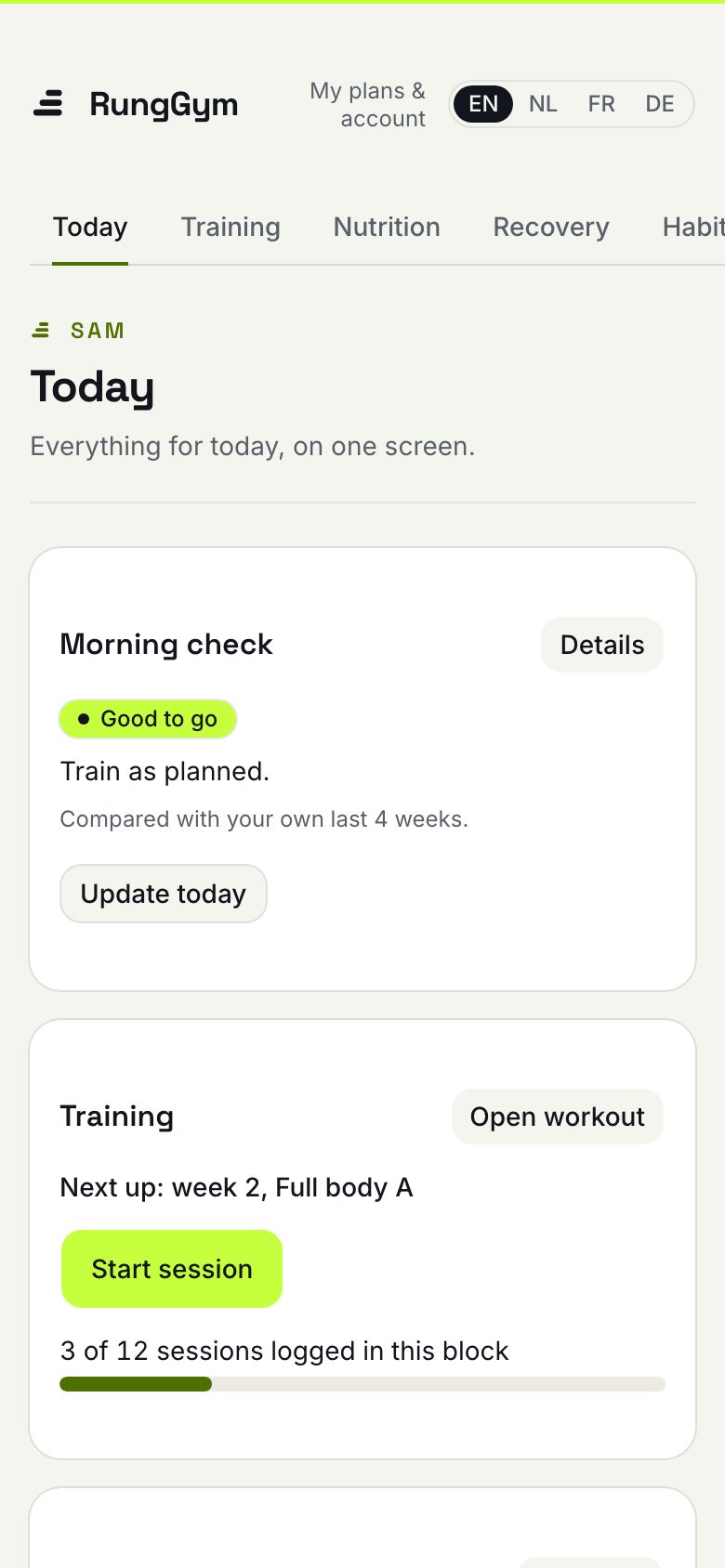 The Today screen of the RungGym app on a phone