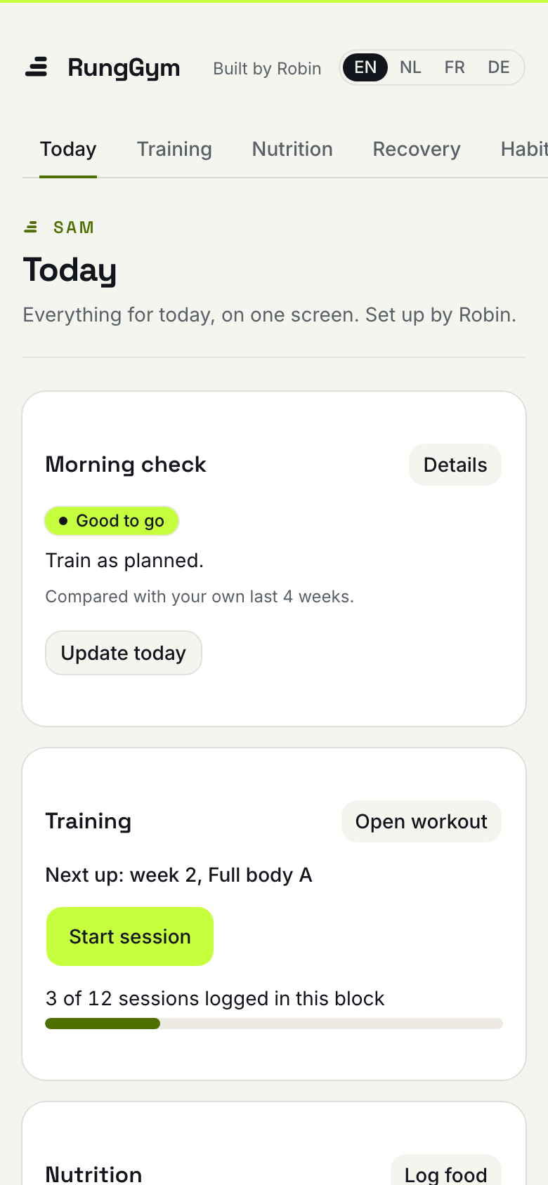 The Today screen of the RungGym app on a phone